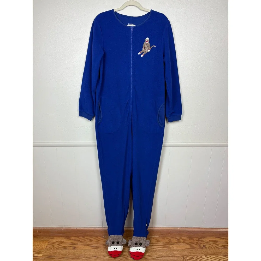 Nick & Nora One Piece Adult Sock Monkey‎ Pajamas Footed Sz L 2009 Sleepwear